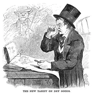 MORRILL TARIFF, 1861. An American custom house appraiser strains his eyes while