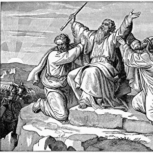 MOSES AND AMALEKITES. Aaron and Hur hold up Moses hands to ensure Joshuas victory against the Amalekites (Exodus 17: 8-16). Wood engraving, American, 1873