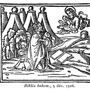 MOSES RECEIVING THE LAW. Moses receiving the Tablets of the Law. Woodcut, Venetian