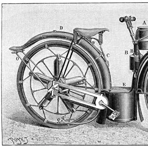 MOTORCYCLE, 1895. Automobile bicycle designed by Millet. Line engraving, 1895