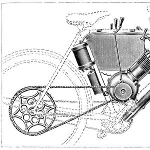 MOTORCYCLE, 1902. Designed by Bruneau. Line engraving, French, 1902