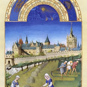 Mowing, raking, and stacking hay on the outskirts of Paris in June. Illumination from the 15th century manuscript of the Tres Riches Heures of Jean, Duke of Berry