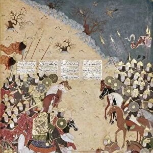 MUGHAL BATTLE SCENE, c1590. Mughal battle. Mughal miniature, c1590
