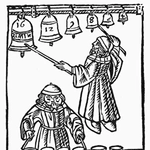 MUSICAL SCALE, 1492. Pythagoras playing the musical scale on bells and water glasses