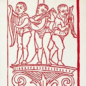 MUSICIANS, 1496. Detail of a woodcut border from Practica Musicae, by Franchinus Gafurius