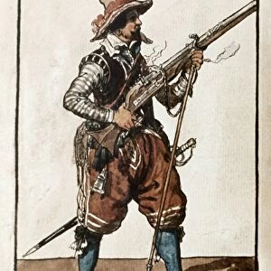 MUSKETEER, 1608. A musketeer, after firing his weapon. Watercolor by Jacob de Gheyn II