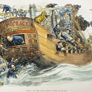 Mutiny! Can the Captain Regain Control of the Ship? President Grover Cleveland, as captain of the good ship Democracy, using his veto power and Republican allies to quell congressman of his own party rebelling against his silver purchase and civil service and tariff reform policies. American cartoon, 1894, by W. A. Rogers