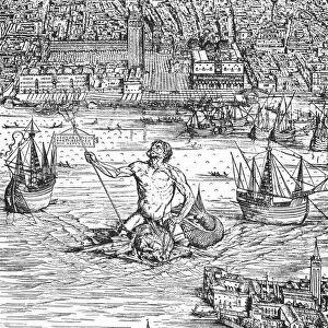 MYTHOLOGY: POSEIDON. Poseidon riding on a dolphin into the harbor of Venice, Italy