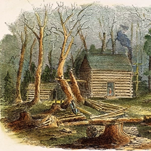 N. C. : LOG CABIN, 1857. A settlers cabin in North Carolina: colored engraving, 1857