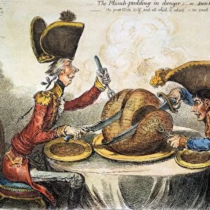 NAPOLEON CARTOON, 1805. The Plumb-pudding in danger; - or State Epicures taking un Petit Souper. Satirical etching, 1805, by James Gillray a propos of a peace overture from Napoleon, showing Napoleon and British Prime Minister William Pitt carving up the world
