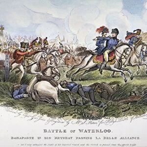 NAPOLEON I: WATERLOO. Napoleon I, retreating from the Battle of Waterloo, June 18, 1815, passes his headquarters at the farm, La Belle Alliance: line engraving, English, 1817