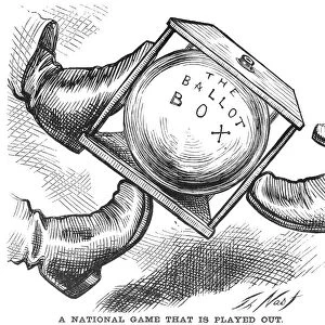 A National Game That Is Played Out. American cartoon by Thomas Nast, 1876, depicting the ballot box as a political football in the Hayes-Tilden election, in which twenty electoral votes were disputed
