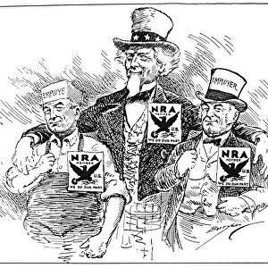 NATIONAL RECOVERY ACT, 1933. American cartoon by Clifford Berryman, 1933, showing the spirit of co-operation between employers and employees fostered by the National Recovery Act, one of President Franklin D. Roosevelts early New Deal programs