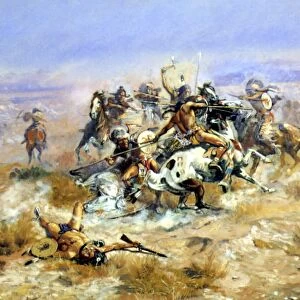 NATIVE AMERICANS: TRIBAL WARFARE. Counting Coup. Oil on canvas, 1902, by Charles M