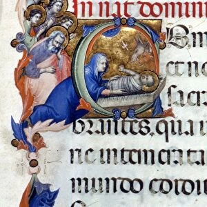 NATIVITY IN AN INITIAL C Illumination from an Italian Missal, mid-14th century
