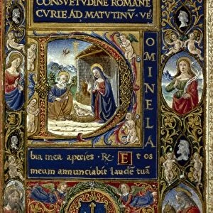 NATIVITY. The nativity scene, inset. Illumination from a Florentine Book of Hours