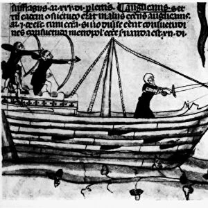NAVAL BATTLE, 14th CENTURY. Illumination from a 14th century manuscript depicting a naval battle