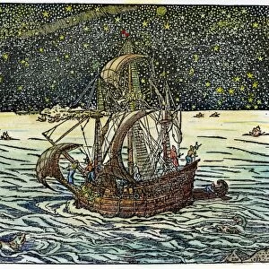 NAVIGATION BY STARS, 1575. Sailors navigating by stars at night