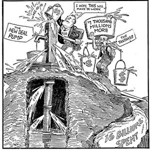 What We Need Is Another Pump. American cartoon satirizing the New Deal pump priming deficits; while President Roosevelt poured more than $8 billion into the emergency, he insisted he was balancing the regular budget