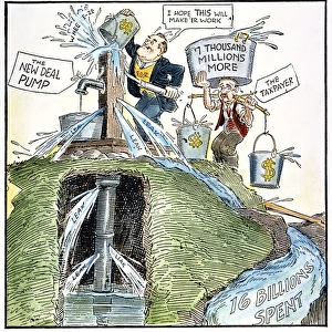 What We Need Is Another Pump. American cartoon satirizing President Roosevelts New Deal pump priming deficits; while he used more than $8 billion in emergency spending measures, Roosevelt insisted he was balancing the regular budget