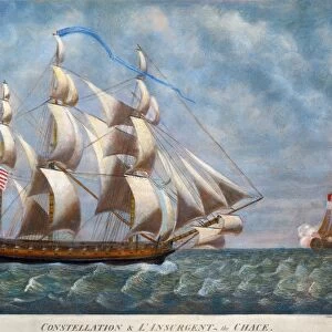 NEVIS: CONSTELLATION, 1799. The American frigate USS Constellation (left) bears down on the L Insurgente off the island of Nevis in the West Indies on 9 February 1799 during the undeclared war with France: contemporary aquatint