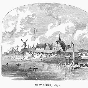 NEW AMSTERDAM, 1650. View of the Dutch colony of New Amsterdam (later New York City) in 1650. Line engraving, 19th century