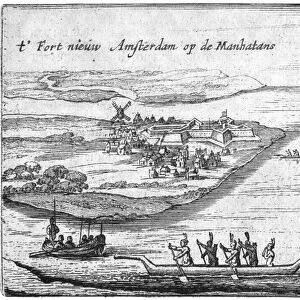 NEW AMSTERDAM, c1627. The Hartgers View, the earliest known view of the Dutch colony of New Amsterdam, on Manhattan, as it appeared c1627. Line engraving, 1651, from a Dutch book about North America