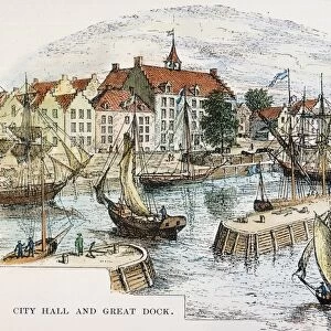 NEW AMSTERDAM. City Hall and Great Dock in the late 17th century: colored engraving, 1898
