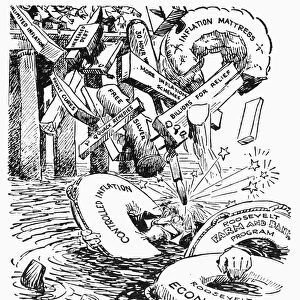 NEW DEAL CARTOON, c1933. How Much More Do We Need? American cartoon comment, c1933, showing Uncle Sam having difficulties staying afloat with President Roosevelts New Deal lifesavers, because of all the other unsolicited quack remedies thrown at the ailing economy