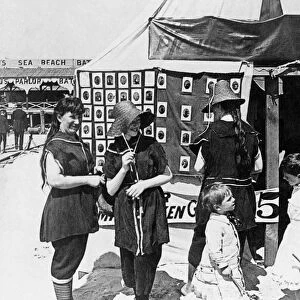 NEW JERSEY: ELIZABETH. Bathers at a photo tent on the beach in Elizabeth, New Jersey