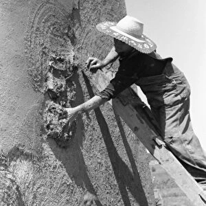 NEW MEXICO: PLASTER, 1940. Spanish-American woman replastering an adobe house at Chamisal