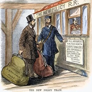The New Policy Train: After the withdrawal of Federal troops from the South, President Hayes conducts a carpetbagger to a train heading north: cartoon from an American newspaper of 1877