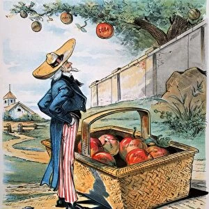 NEW TERRITORIES CARTOON. Patient Waiters Are No Losers. An American cartoon of 1897 showing a patient Uncle Sam waiting for new territories (Cuba, Canada, Hawaii, and Central America) to fall into his possession