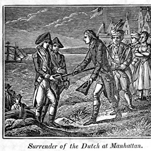NEW YORK, 1664. A representation of the surrender of New Amsterdam in 1664. Wood engraving, American, 1833