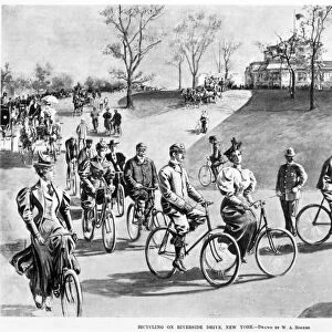 NEW YORK: BICYCLING, 1895. Bicycling on Riverside Drive, New York City. Drawing, 1895, by W. A. Rogers