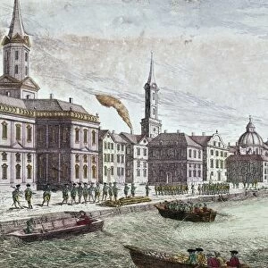 NEW YORK: BRITISH, 1776. The landing of British troops in New York, 1776. A fanciful contemporary French line engraving