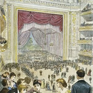 NEW YORK CHARITY BALL, 1883. Charity Ball at the Metropolitan Opera House in New York shortly after its opening in October 1883: colored wood engraving