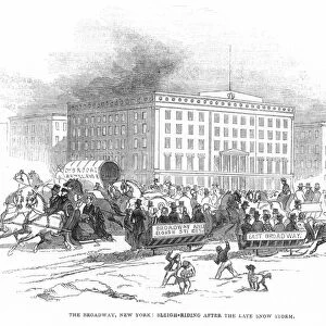 NEW YORK CITY, 19th CENTURY. Broadway, New York; sleigh-riding after a snow storm. Line engraving, 1845