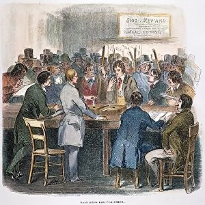 NEW YORK CITY: BALLOT, 1844. Men casting their ballots at New York City in the presidential election of 1844. Contemporary English wood engraving