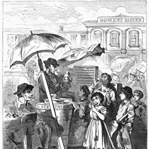 NEW YORK CITY: BOWERY. In the Bowery. New Yorkers enjoying freshly cranked ice cream on a hot summer day. Wood engraving, American, 1868