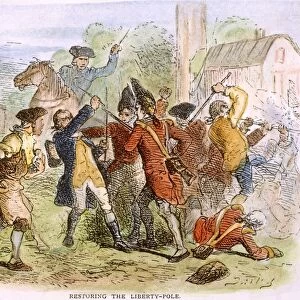 NEW YORK: COLONIAL RIOT. A fracas between New Yorkers and British soldiers in 1766. The Americans had restored a Liberty Pole cut down by the redcoats. Wood engraving, 19th century, after Felix O. C. Darley