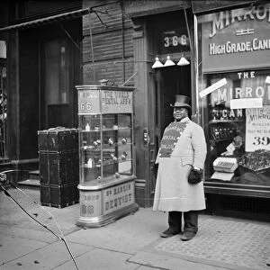 NEW YORK: DENTIST OFFICE. A man advertising Franklins Dental Parlor on 5th Avenue