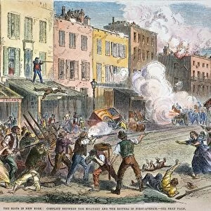 NEW YORK: DRAFT RIOTS 1863. First Avenue under siege during the New York City Draft Riots of 13-16 July 1863: engraving from a contemporary newspaper account