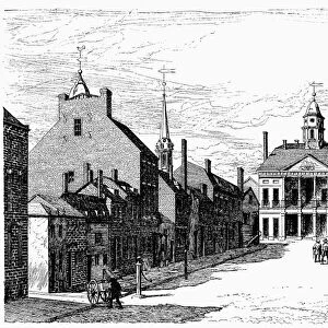 NEW YORK: FEDERAL HALL. View of Federal Hall, site of the inauguration of George Washington, as it appeared in 1797. Line engraving, 19th century
