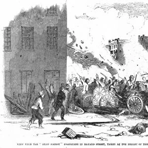 NEW YORK GANG WAR, 1857. Battle between the Bowery Boys and the Dead Rabbits on the Lower East Side, July 4th, 1857: wood engraving from a contemporary American newspaper