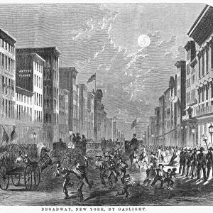 NEW YORK: GASLIGHT, 1856. Broadway, New York, by Gaslight. Wood engraving, American, 1856
