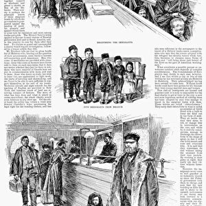 NEW YORK: IMMIGRANTS, 1891. Immigrants at the Barge Office at the Battery on the tip of Manhattan, where more than 400, 000 immigrants were processed in 1891. Wood engravings after Thure de Thulstrup from a contemporary American newspaper