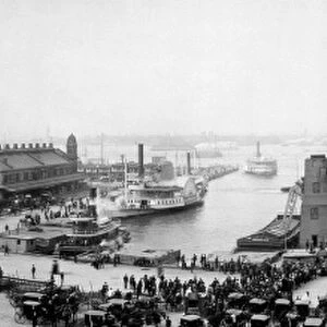 NEW YORK: LUSITANIA, 1907. The Cunard steamship Lusitania at New York Harbor