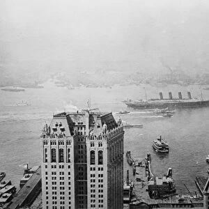 NEW YORK: LUSITANIA, 1908. The Cunard steamship Lusitania at New York Harbor
