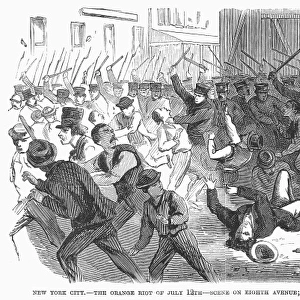 NEW YORK: ORANGE RIOT. Scene on 8th Avenue during the Orange Riot, 12 July 1871, between Orange (Protestant Irish) and Green (Catholic Irish). Wood engrvaing from a contemporary American newspaper